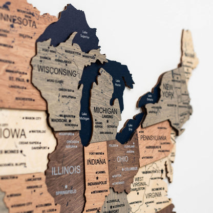 Wooden 3D Map of USA - Smokey