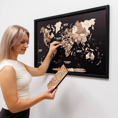 3D Wooden Panel World Map - Smokey