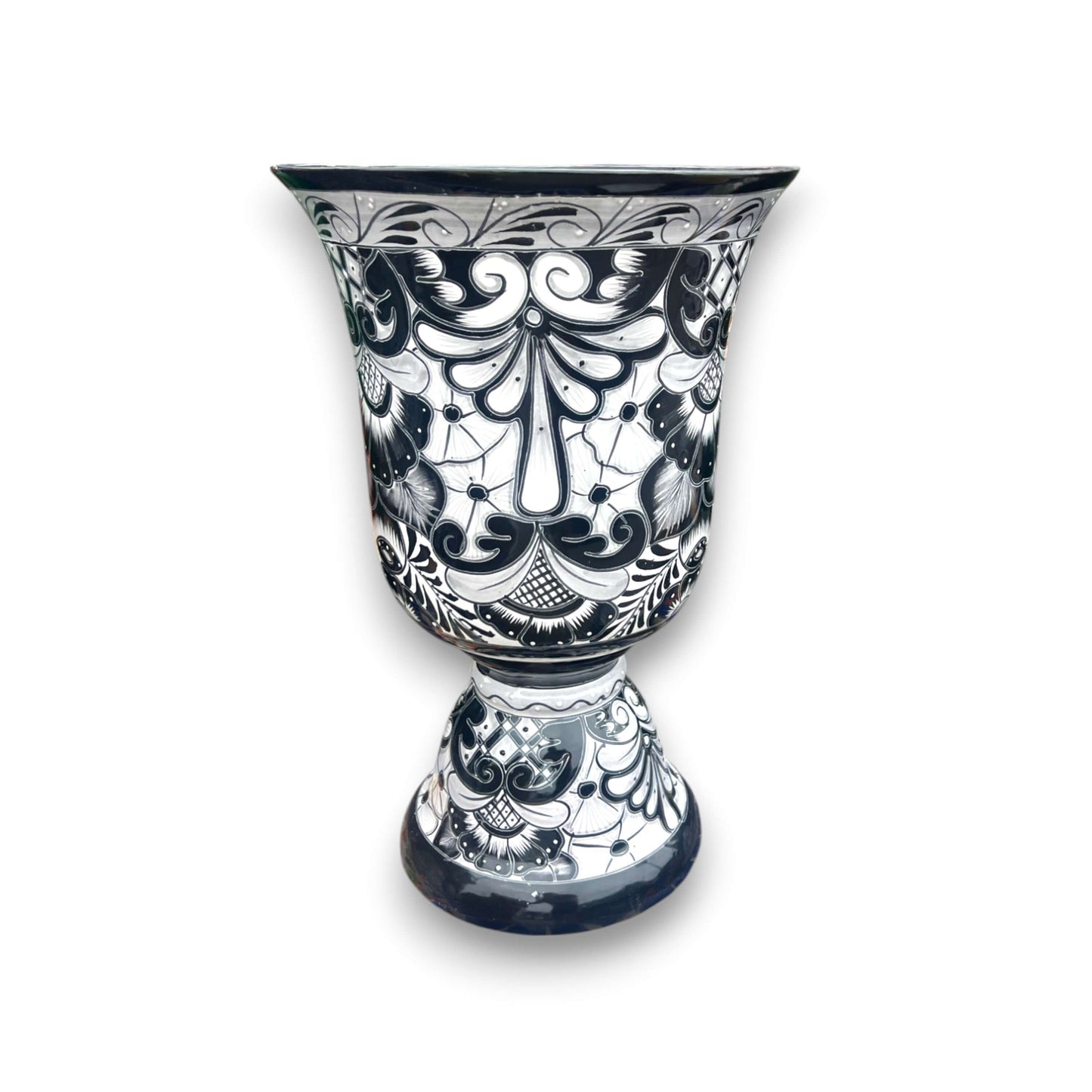 Extra Large Black Talavera Planter | Hand-Painted Pedestal Flower Pot