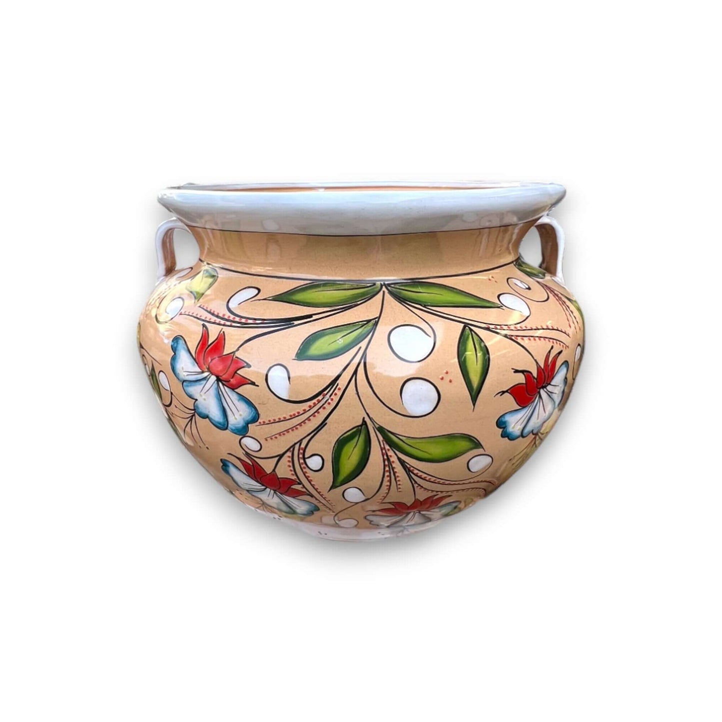 Extra Large Talavera Flower Pot | White & Tan Floral Design