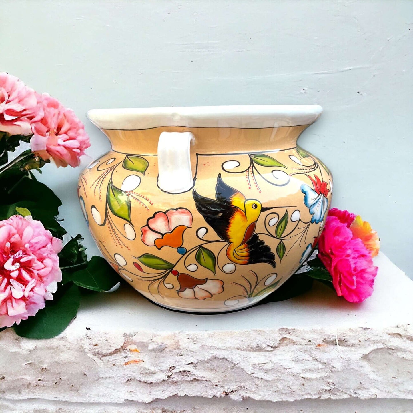 Extra Large Talavera Flower Pot | White & Tan Floral Design