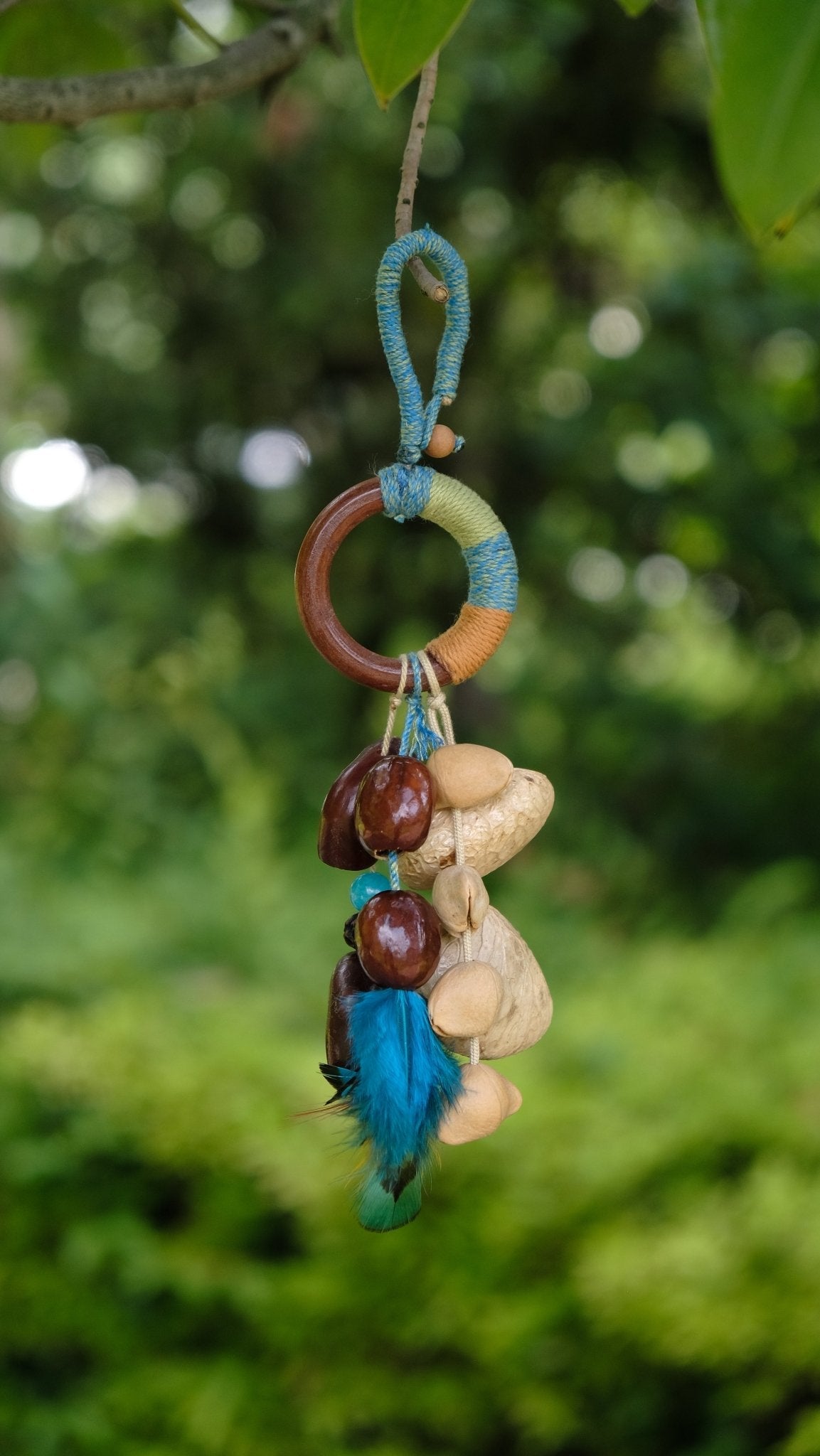 "The Azure Spirit" - Hand-Wrapped Wood Ring & Blue Feather Totem Charm