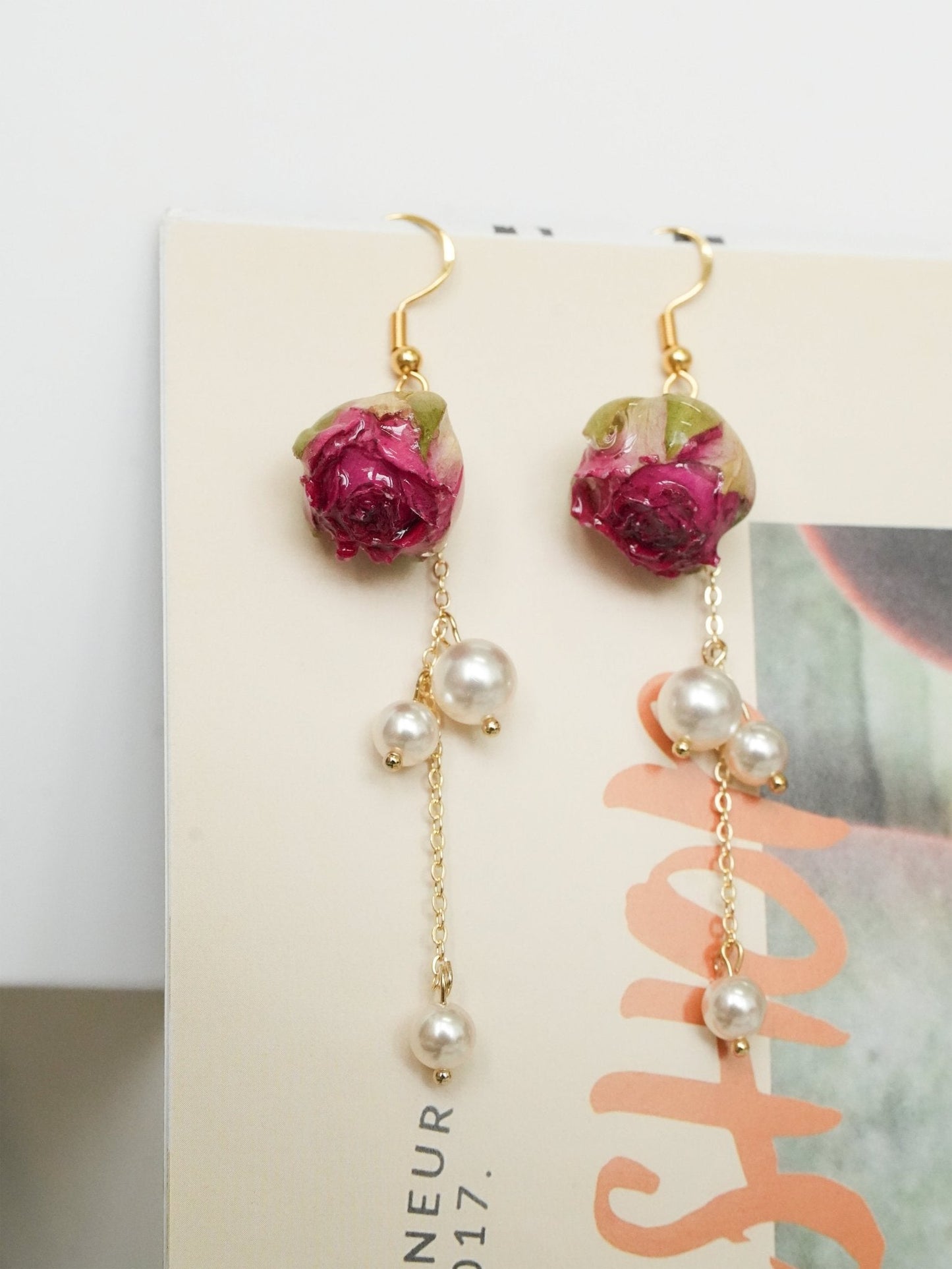 Real Rose Pearl Chain Earrings