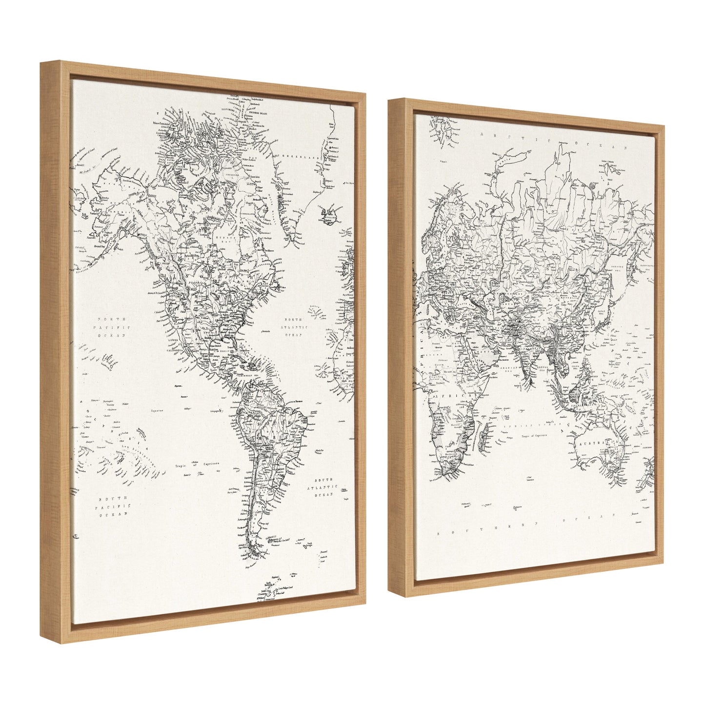 Sylvie Vintage Black and White World Map Framed Canvas Set by The Creative Bunch Studio