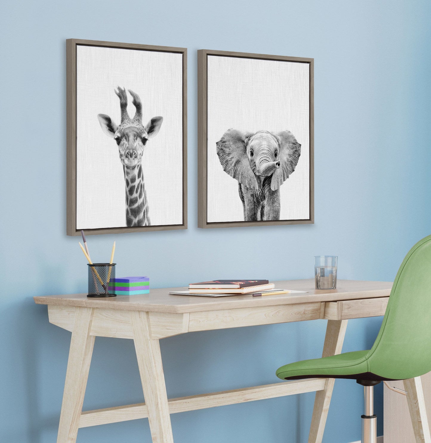 Sylvie Baby Giraffe and Elephant Framed Canvas Art Set by Simon Te of Tai Prints