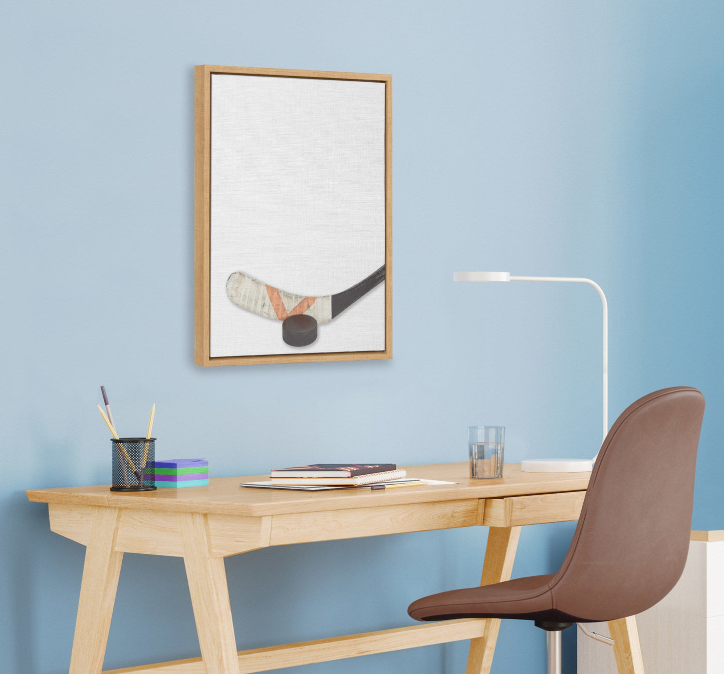 Sylvie Hockey Stick and Puck Framed Canvas, Natural 18x24